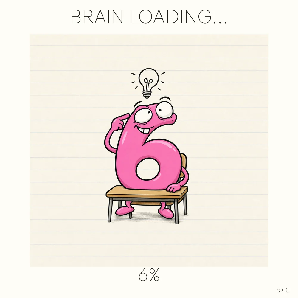 6IQ at a tiny desk, with the caption Brain loading... 6%