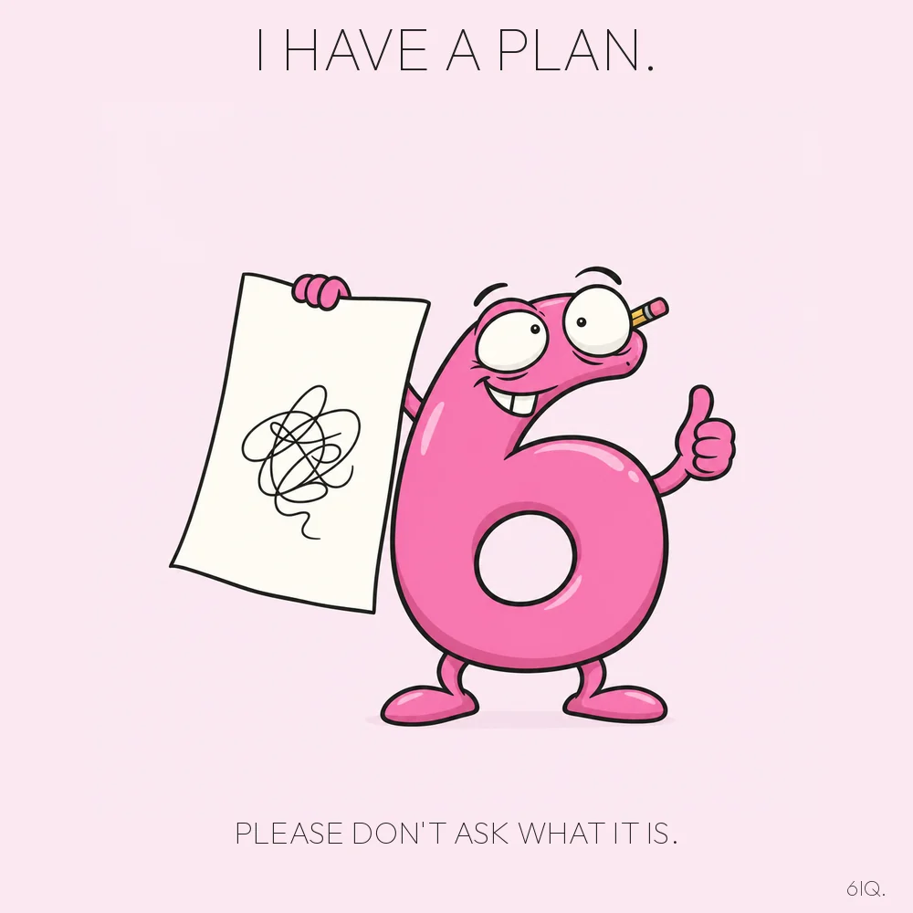 6IQ proudly holding an upside-down plan, with the caption I have a plan